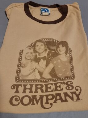 Three's Company Retro Ringer Tee in Cream with Brown Trim
